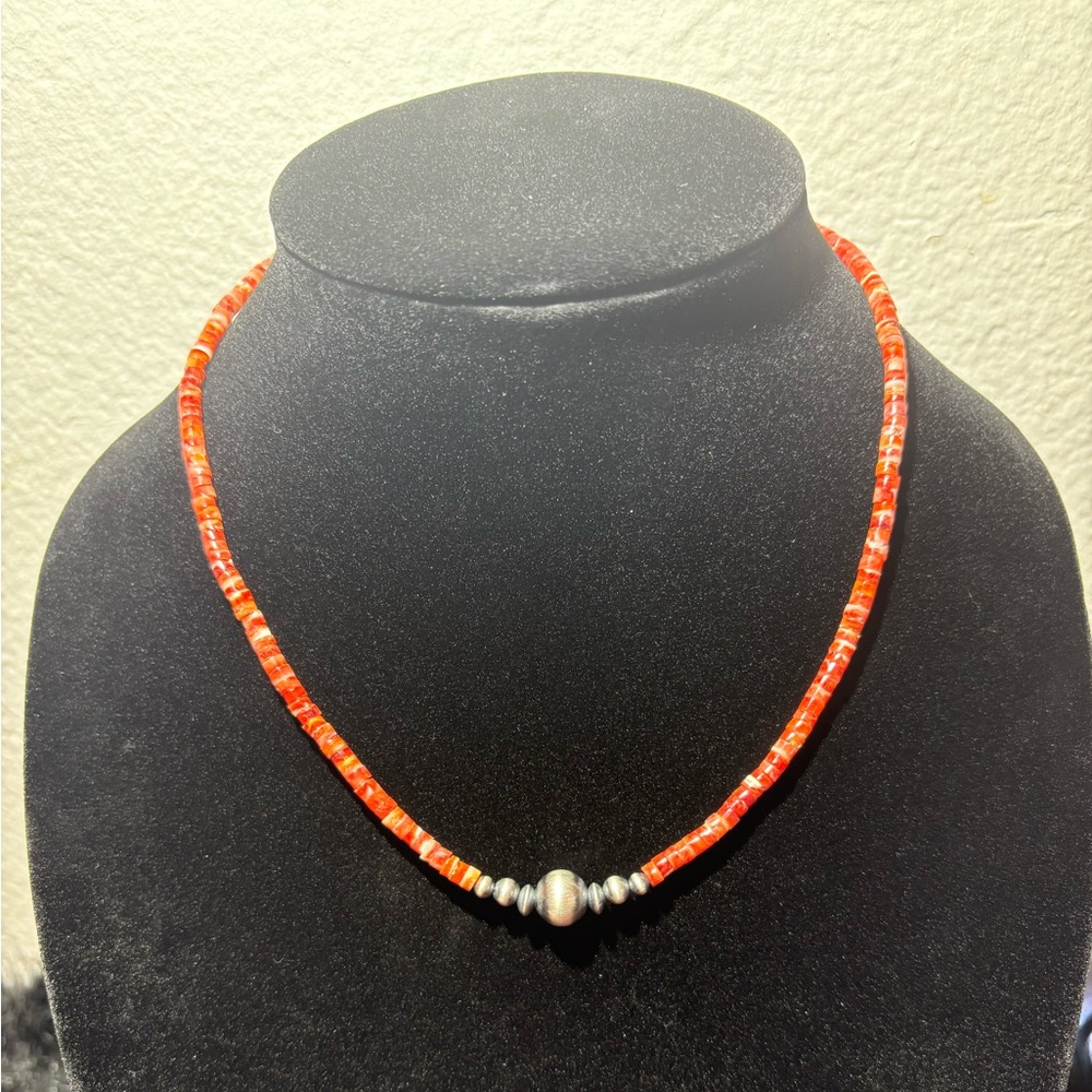 Dark Orange Spiny Oyster Necklace With Navajo Pearls
